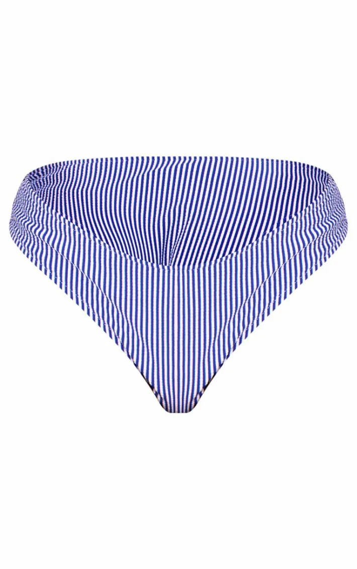 Navy Textured Stripe High Leg Bikini Bottoms