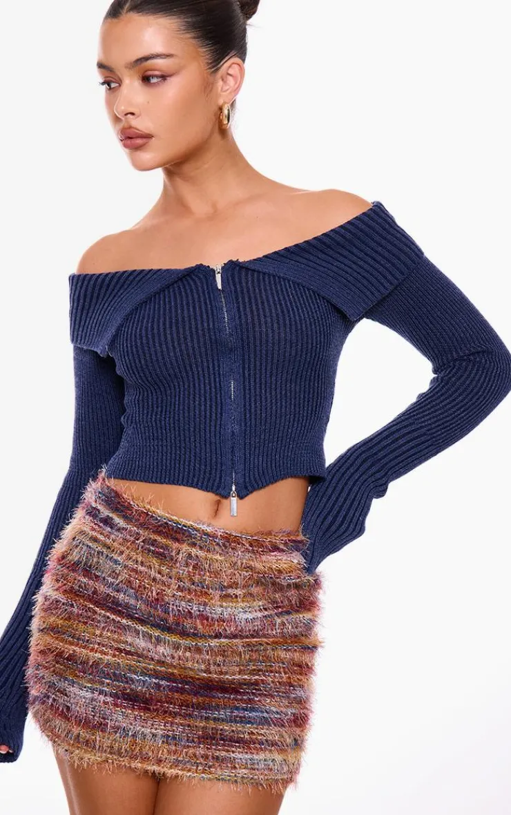 Thick Rib Knit Foldover Zip Up Bardot Top-PrettyLittleThing Best
