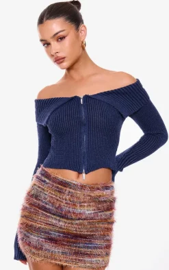 Thick Rib Knit Foldover Zip Up Bardot Top-PrettyLittleThing Best