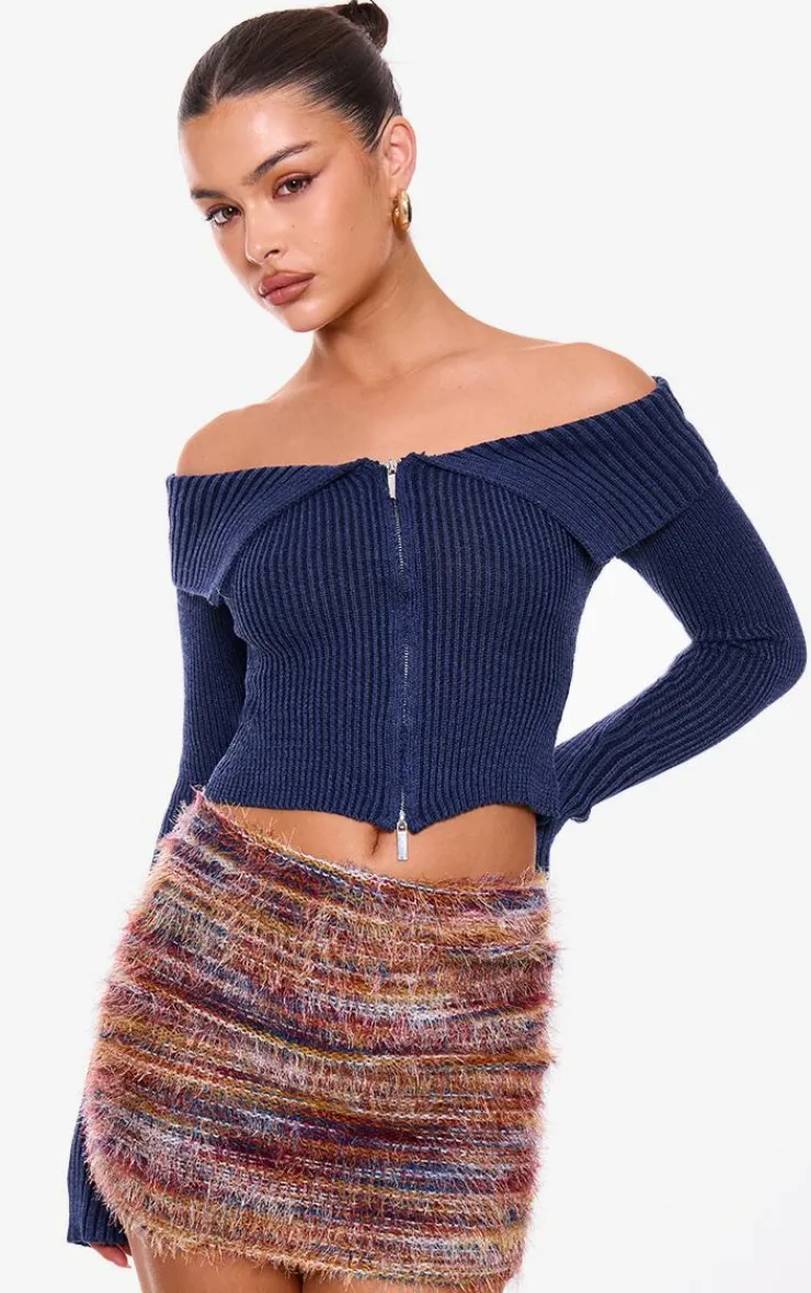 Thick Rib Knit Foldover Zip Up Bardot Top-PrettyLittleThing Best