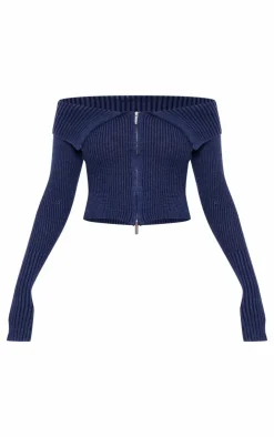 Thick Rib Knit Foldover Zip Up Bardot Top-PrettyLittleThing Best