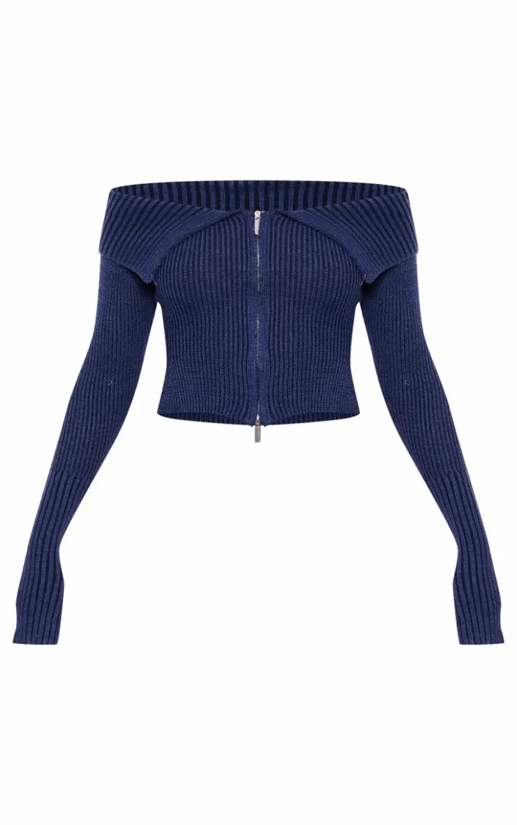Thick Rib Knit Foldover Zip Up Bardot Top-PrettyLittleThing Best