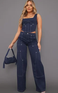 Hot PrettyLittleThing Twill Contrast Seam Straight Leg Cargo Pants Navy