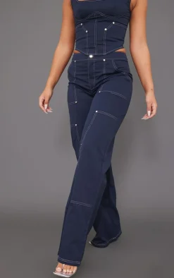 Hot PrettyLittleThing Twill Contrast Seam Straight Leg Cargo Pants Navy