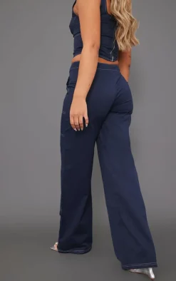 Hot PrettyLittleThing Twill Contrast Seam Straight Leg Cargo Pants Navy
