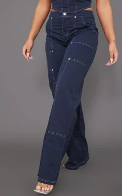 Hot PrettyLittleThing Twill Contrast Seam Straight Leg Cargo Pants Navy