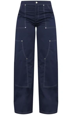 Hot PrettyLittleThing Twill Contrast Seam Straight Leg Cargo Pants Navy
