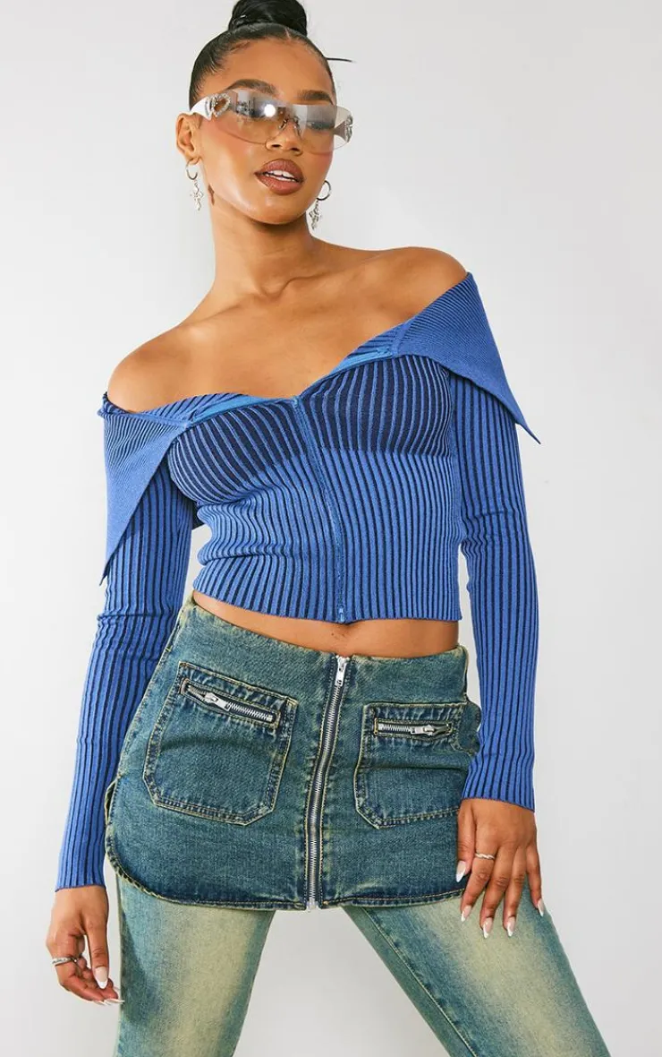 PrettyLittleThing Knitted Tops*Two Tone Rib Foldover Zip Jacket