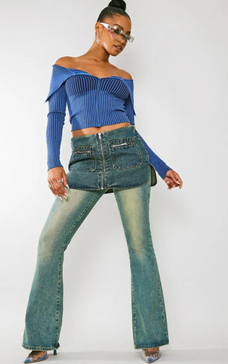 PrettyLittleThing Knitted Tops*Two Tone Rib Foldover Zip Jacket