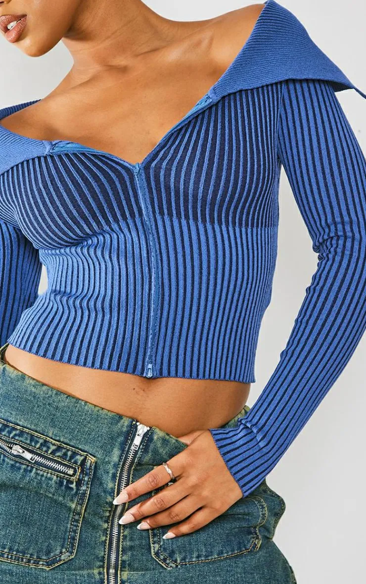 PrettyLittleThing Knitted Tops*Two Tone Rib Foldover Zip Jacket
