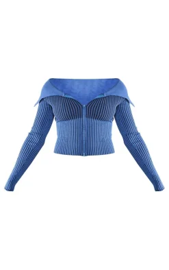 PrettyLittleThing Knitted Tops*Two Tone Rib Foldover Zip Jacket