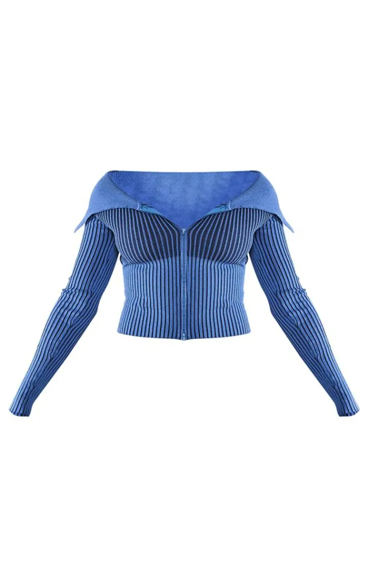 PrettyLittleThing Knitted Tops*Two Tone Rib Foldover Zip Jacket