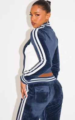 Best PrettyLittleThing Velvet Front Zip Fitted Track Top Navy