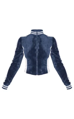 Best PrettyLittleThing Velvet Front Zip Fitted Track Top Navy