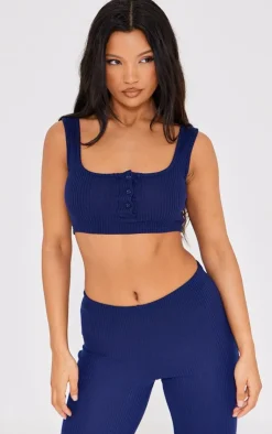 Sale PrettyLittleThing Waffle Button Scoop Neck Crop Top Navy