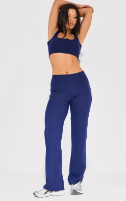Sale PrettyLittleThing Waffle Button Scoop Neck Crop Top Navy