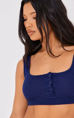 Sale PrettyLittleThing Waffle Button Scoop Neck Crop Top Navy