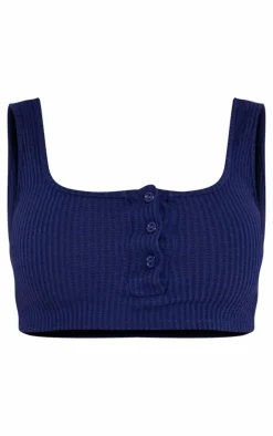 Sale PrettyLittleThing Waffle Button Scoop Neck Crop Top Navy