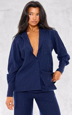 New PrettyLittleThing Woven Pinstripe Oversized Shirt Navy