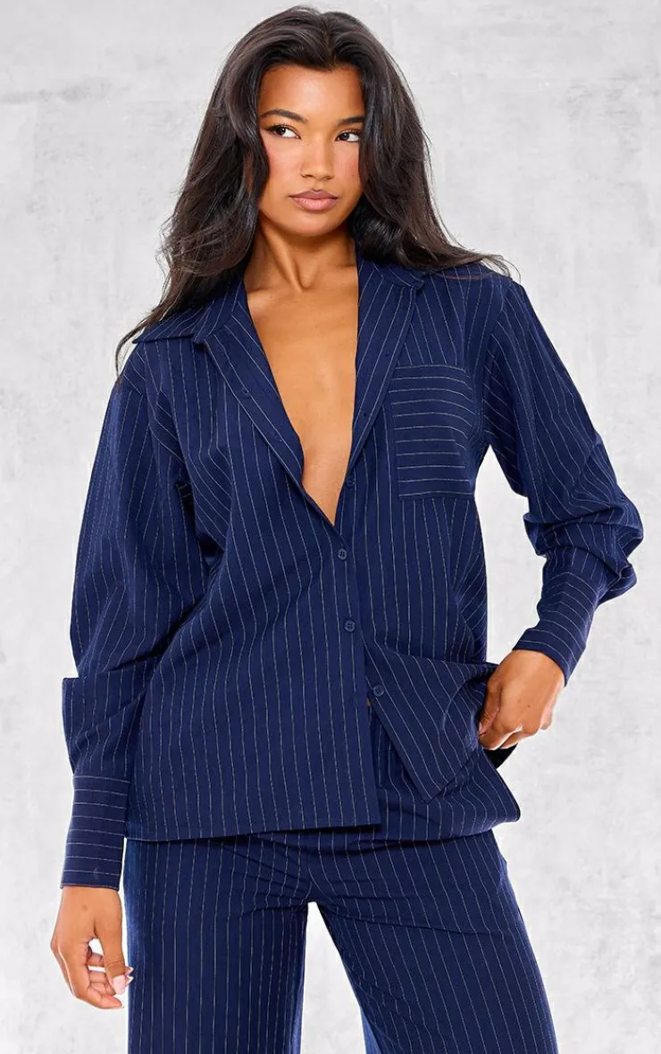 New PrettyLittleThing Woven Pinstripe Oversized Shirt Navy