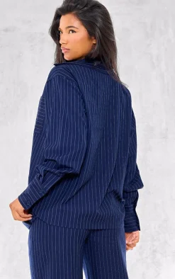 New PrettyLittleThing Woven Pinstripe Oversized Shirt Navy