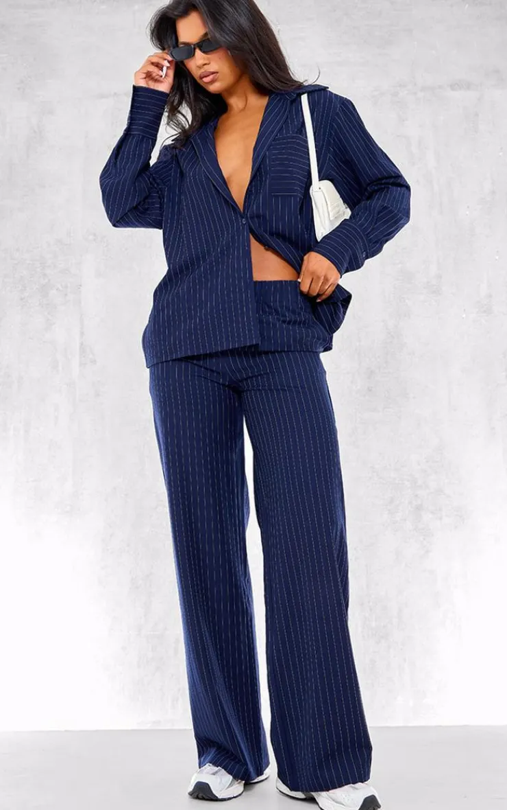 New PrettyLittleThing Woven Pinstripe Oversized Shirt Navy