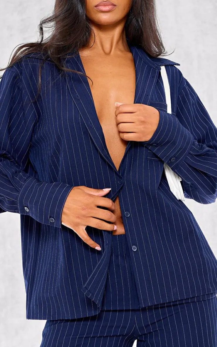 New PrettyLittleThing Woven Pinstripe Oversized Shirt Navy