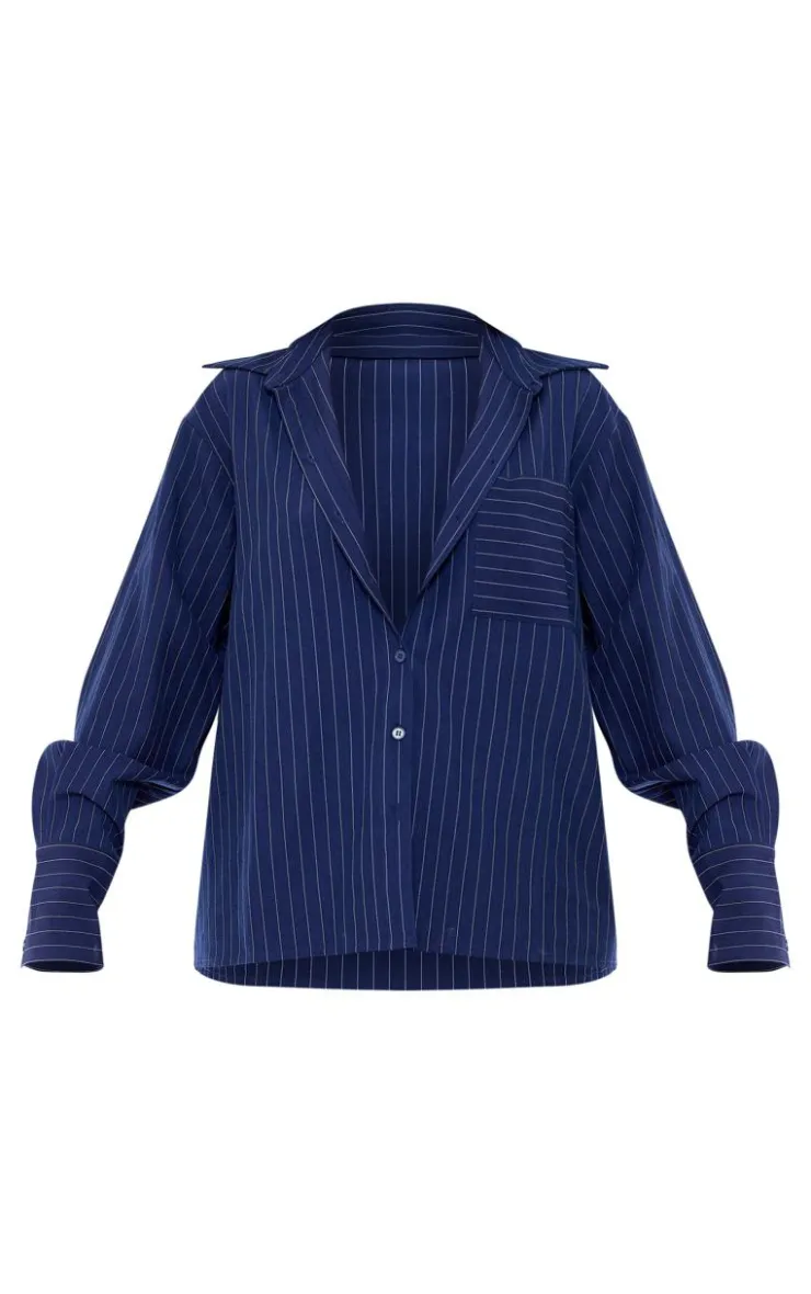 New PrettyLittleThing Woven Pinstripe Oversized Shirt Navy