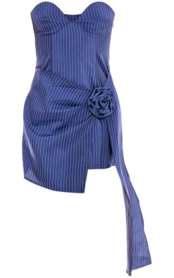 Woven Pinstripe Rose Detail Bandeau Shift Dress-PrettyLittleThing Outlet