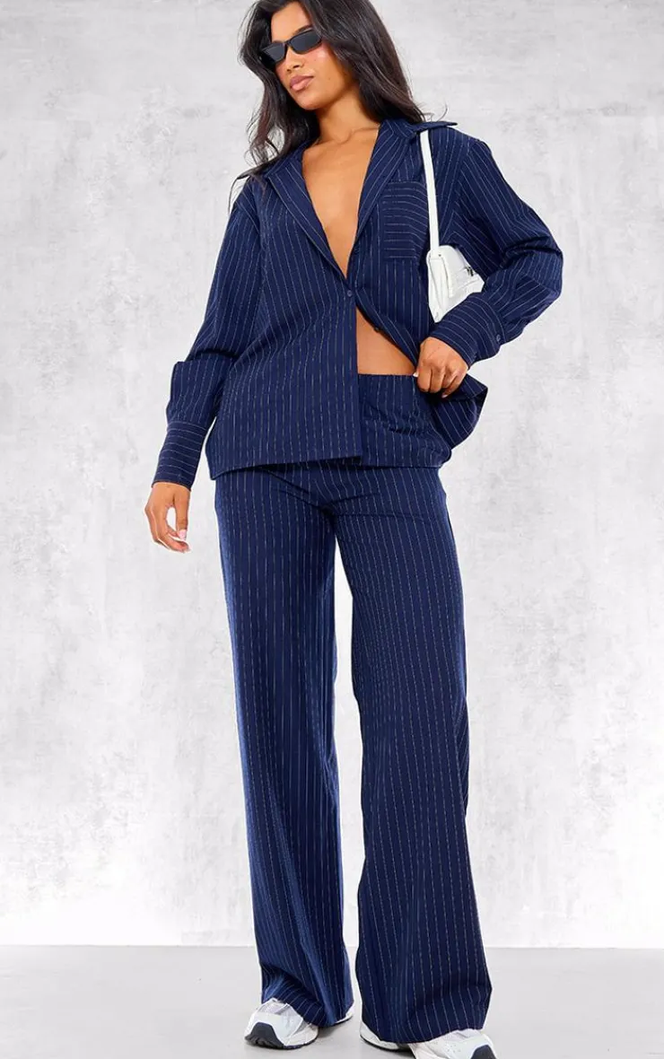 PrettyLittleThing Woven Pinstripe Wide Leg Pants Navy