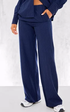 PrettyLittleThing Woven Pinstripe Wide Leg Pants Navy