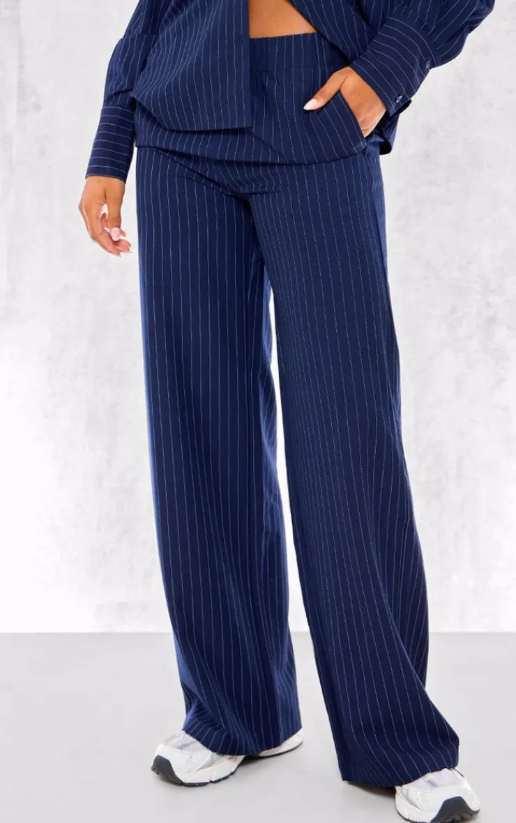 PrettyLittleThing Woven Pinstripe Wide Leg Pants Navy