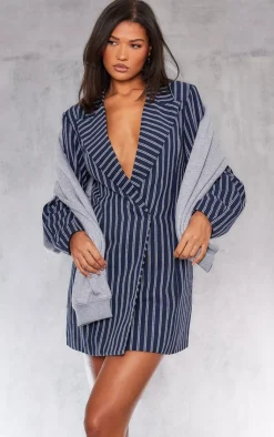 Woven Stripe Pocket Long Sleeve Blazer Dress-PrettyLittleThing Hot