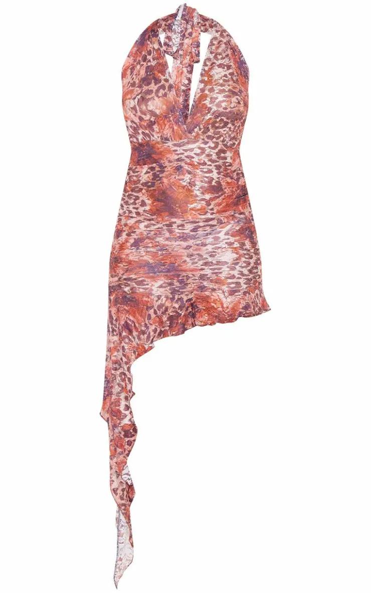 Abstract Mesh Halterneck Ruched Mini Dress-PrettyLittleThing Hot