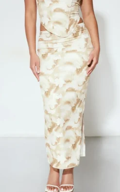 Sale PrettyLittleThing Abstract Print Woven Low Rise Midaxi Skirt Nude