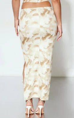 Sale PrettyLittleThing Abstract Print Woven Low Rise Midaxi Skirt Nude