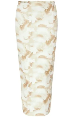 Sale PrettyLittleThing Abstract Print Woven Low Rise Midaxi Skirt Nude