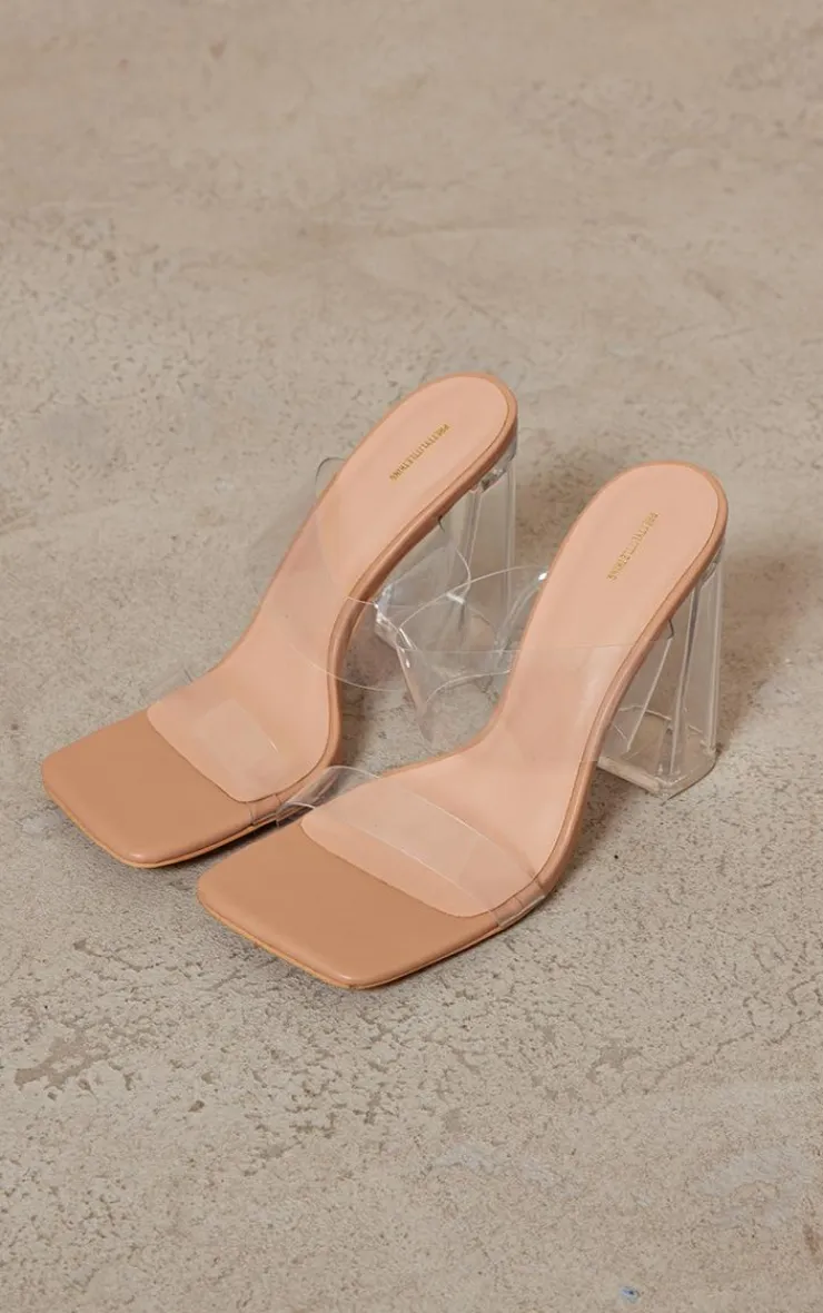 PrettyLittleThing Chunky Sandals*Clear Square Toe Thick Double Strap Chunky Block High Heeled Sandals