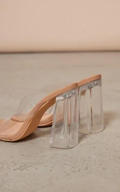 PrettyLittleThing Chunky Sandals*Clear Square Toe Thick Double Strap Chunky Block High Heeled Sandals