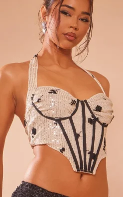 PrettyLittleThing Corsets*Floral Detail Sequin Halter Bonded Ruched Bust Corset