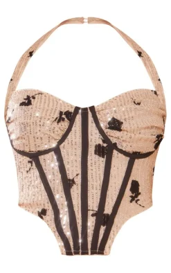PrettyLittleThing Corsets*Floral Detail Sequin Halter Bonded Ruched Bust Corset