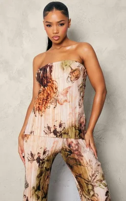 Sale PrettyLittleThing Floral Plisse Longline Bandeau Top Nude