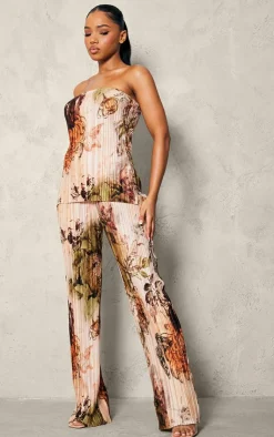 Sale PrettyLittleThing Floral Plisse Longline Bandeau Top Nude