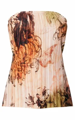 Sale PrettyLittleThing Floral Plisse Longline Bandeau Top Nude