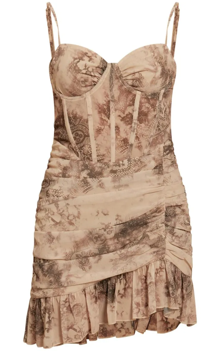Floral Print Corset Frill Hem Bodycon Dress-PrettyLittleThing Outlet