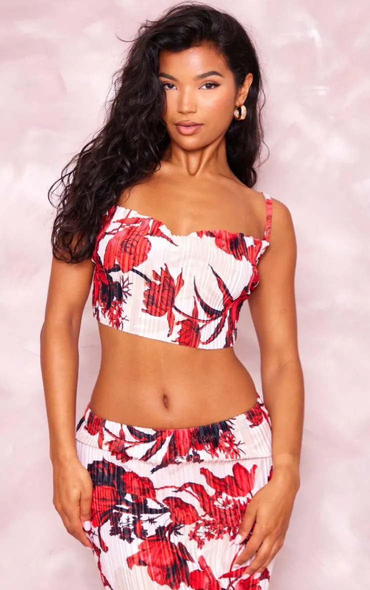 Clearance PrettyLittleThing Floral Print Plisse Strappy Cowl Neck Top Nude