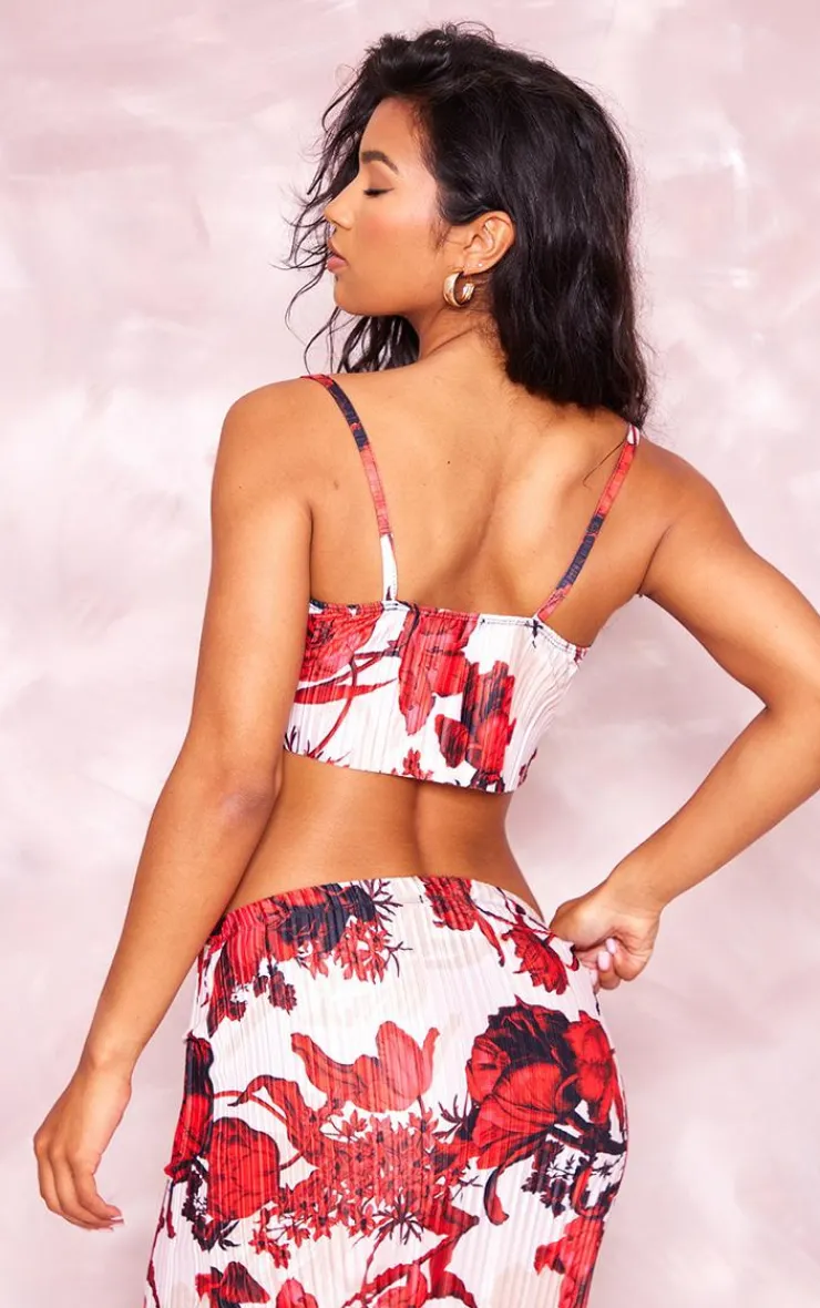 Clearance PrettyLittleThing Floral Print Plisse Strappy Cowl Neck Top Nude