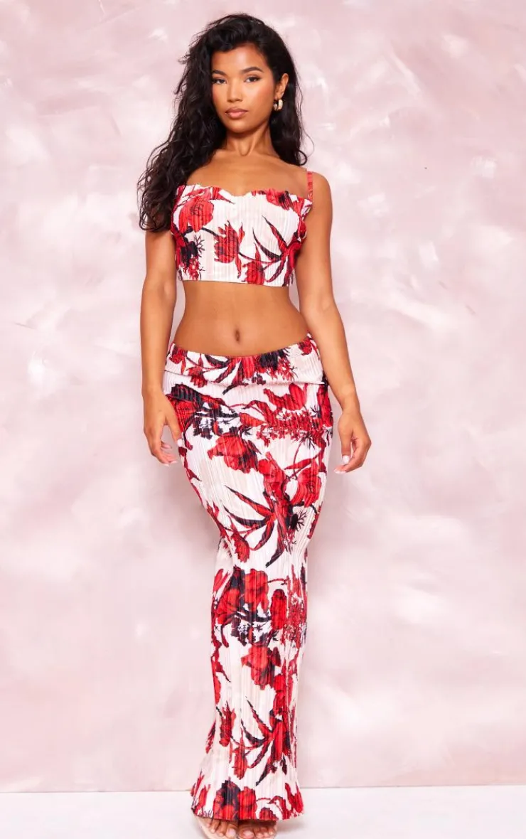 Clearance PrettyLittleThing Floral Print Plisse Strappy Cowl Neck Top Nude