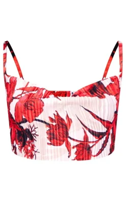 Clearance PrettyLittleThing Floral Print Plisse Strappy Cowl Neck Top Nude