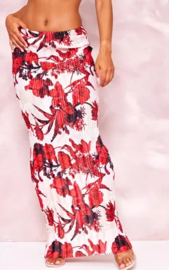 Outlet PrettyLittleThing Floral Print Plisse Maxi Skirt Nude